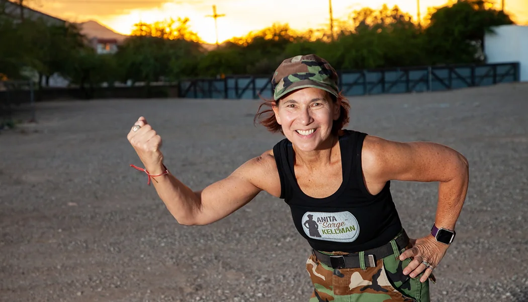 Beat Cancer Boot Camp Creator: Anita Sarge Kellman Cancer Boot Camp Creator flexes her arm